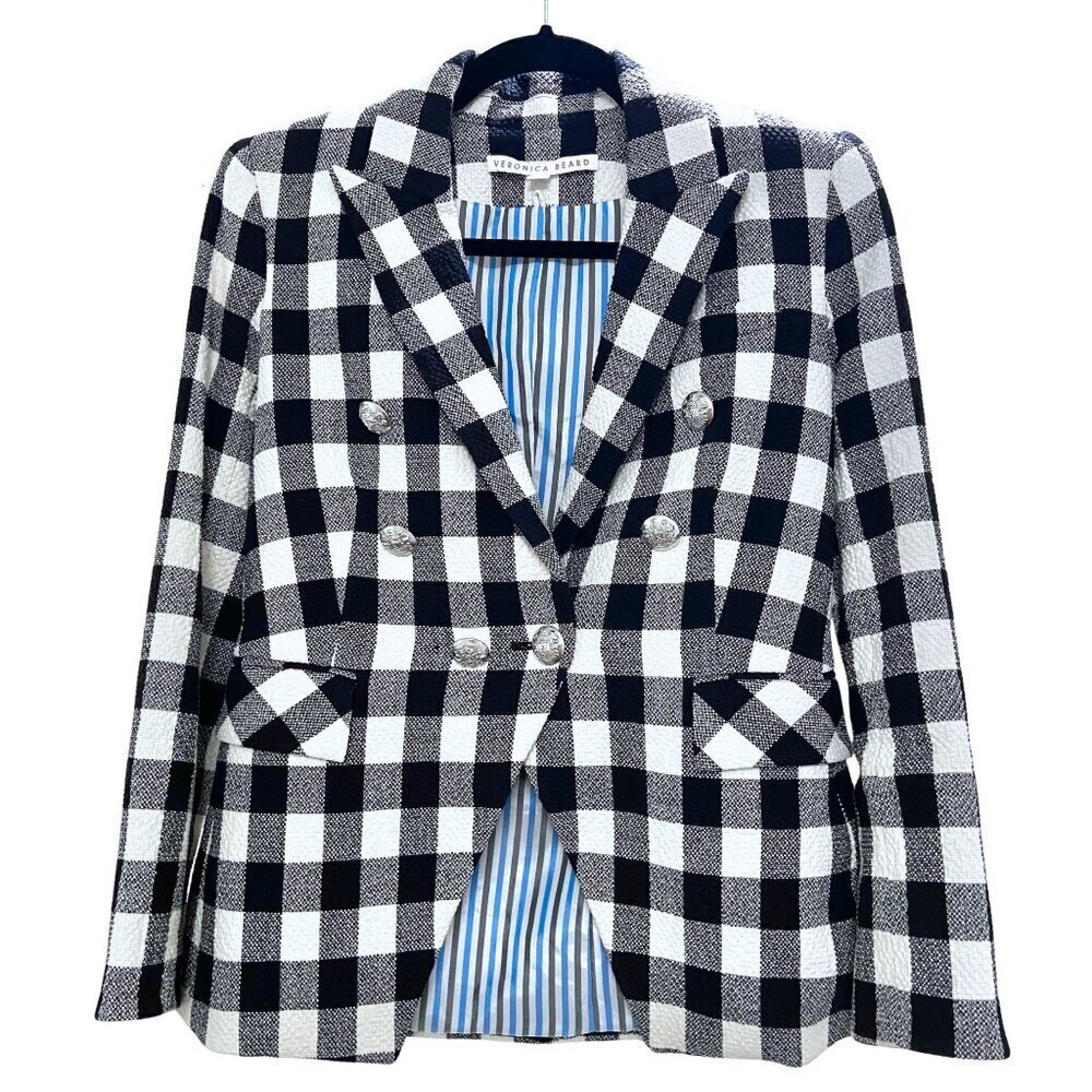 Veronica Beard Miller Dickey Tweed Blazer Black White Gingham Double Breast Sz 0 - Picture 5 of 15
